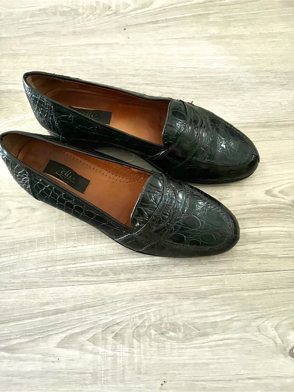 Zelli Genuine Crocodile Black Penny Loafers Men’s 10.5 W Handmade in Italy